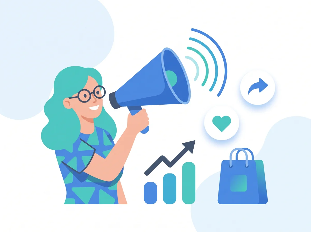 Illustrazione della commercializzazione: promozione del brand con megafono, social e crescita delle vendite