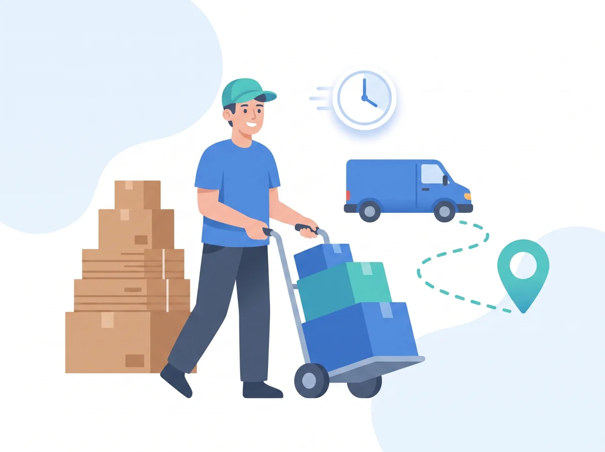 Illustrazione della distribuzione: magazziniere con carrello di pacchi, furgone in consegna verso la destinazione e consegna rapida