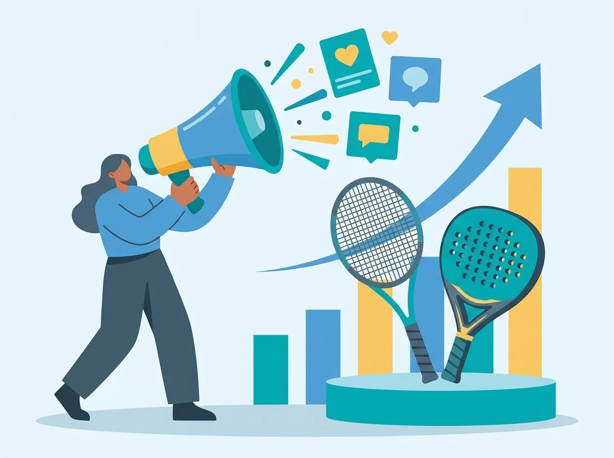 Una ragazza parla in un megafono gigante verso card social con cuori e commenti; accanto, su un podio, una racchetta da tennis e una da padel davanti a un grafico in crescita