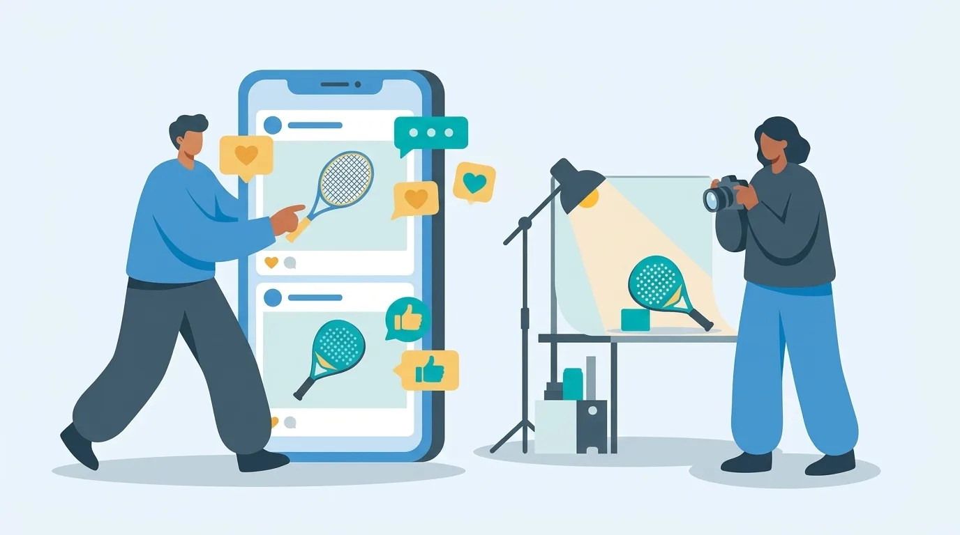Due addetti ai social: uno indica i post con racchette su uno smartphone gigante pieno di cuori e commenti, l'altra fotografa una racchetta da padel su un piccolo set con la lampada